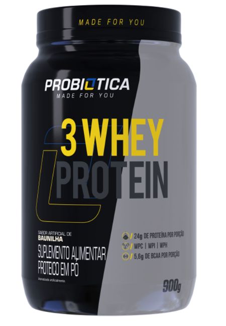 Pote de 900 g de 3 Whey Protein. Imagem retirada do site da Probiótica.
