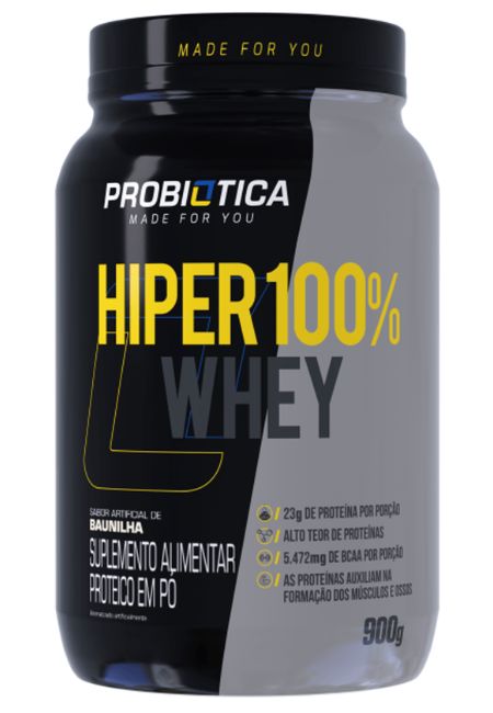 Hiper 100% Whey, pote de 900 g, sabor Baunilha. Imagem retirada do site da Probiótica.