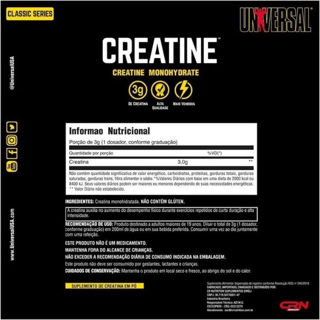 Informação Nutricional da Creatina Univesal. Imagem: Amazon