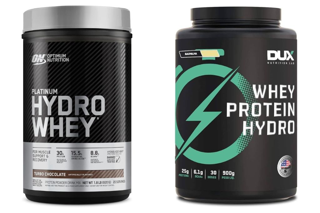 Platinum Hydro Whey da Optimum Nutrition e Whey Protein Hydro da Dux. Imagem: Amazon
